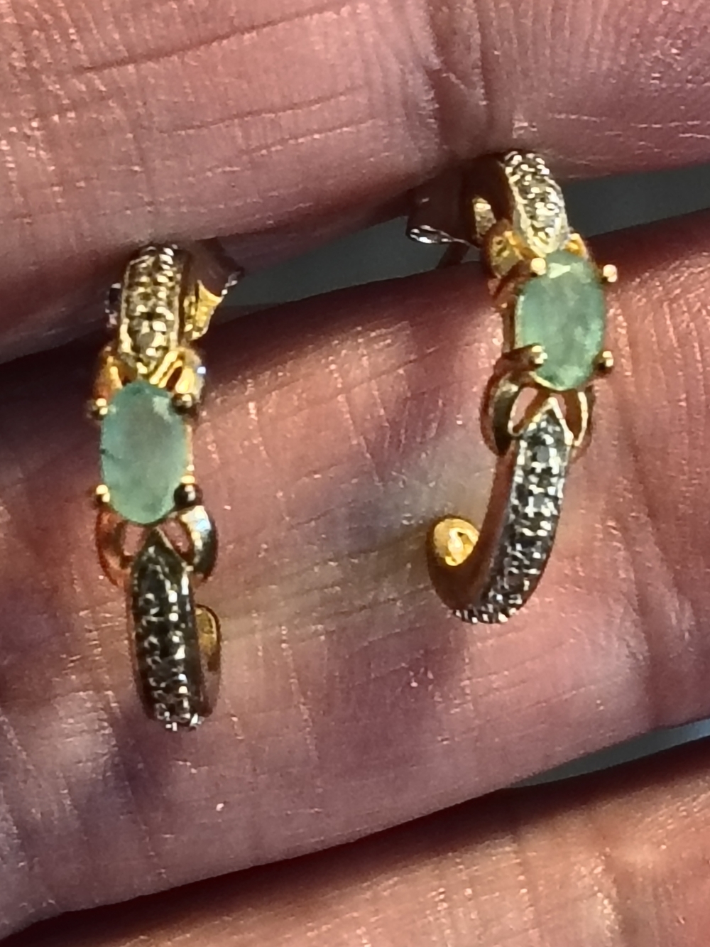 Gold Over Sterling Emerald And Diamond Hoop Earrings Signed